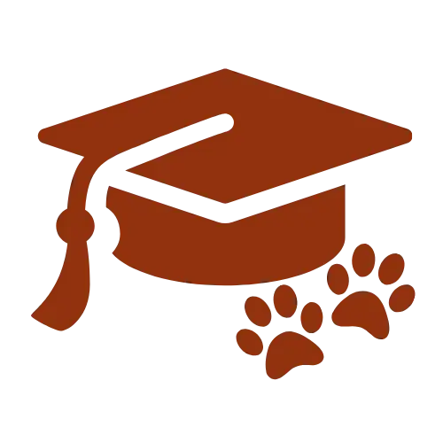 Services A dark red graduation cap with a tassel is shown above two animal paw prints, symbolizing education and animals. The image has a black background.
