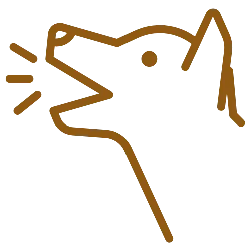 Services Simple brown line drawing of a dog’s head in profile, with three lines near its open mouth to indicate barking or making noise.