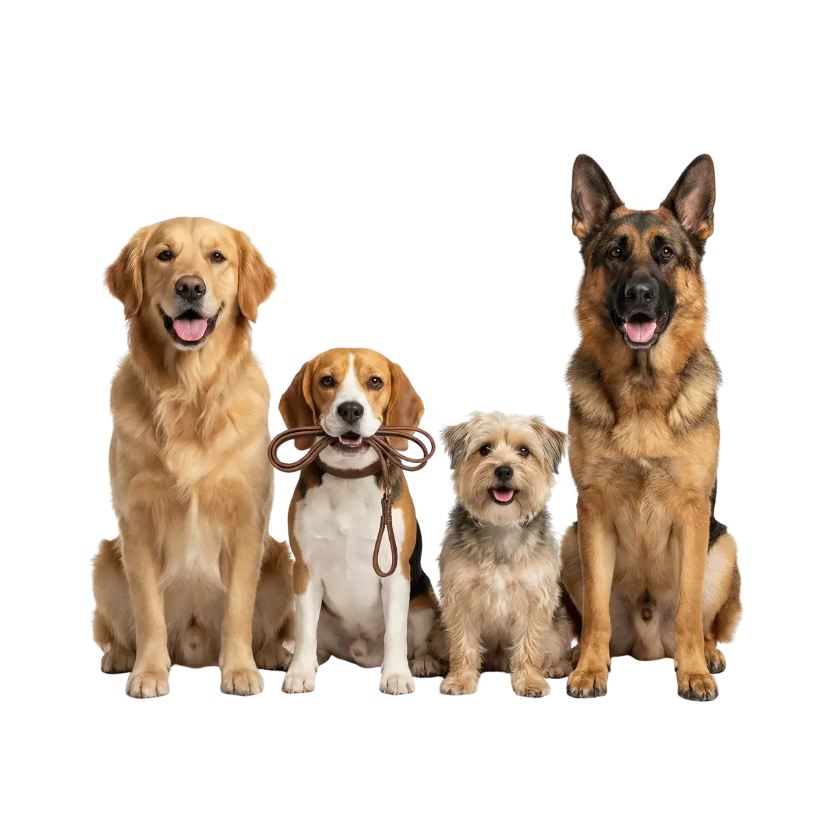 Services Four dogs of different breeds sit side by side facing forward. The second dog from the left holds a leash in its mouth. All dogs have their mouths open and appear happy.