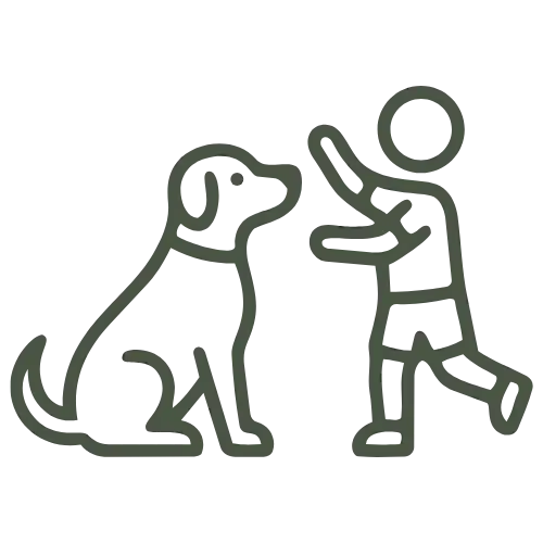 Services A simple line drawing of a person kneeling and petting a sitting dog.