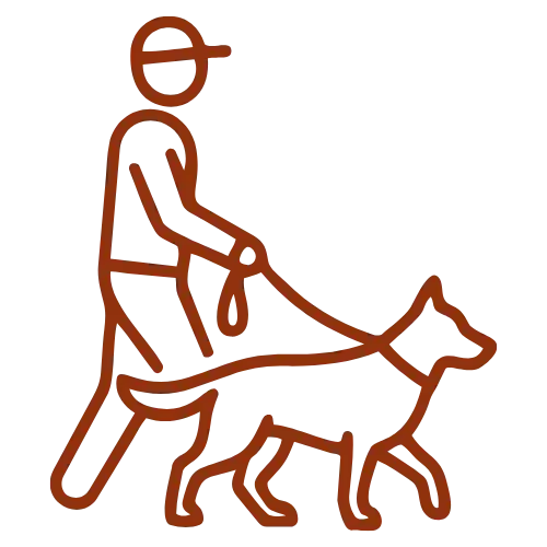 Services A simple line drawing of a person wearing a cap walking a dog on a leash.