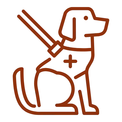 Services A simple line drawing of a dog wearing a harness with a cross symbol and a leash, representing a service or assistance dog.