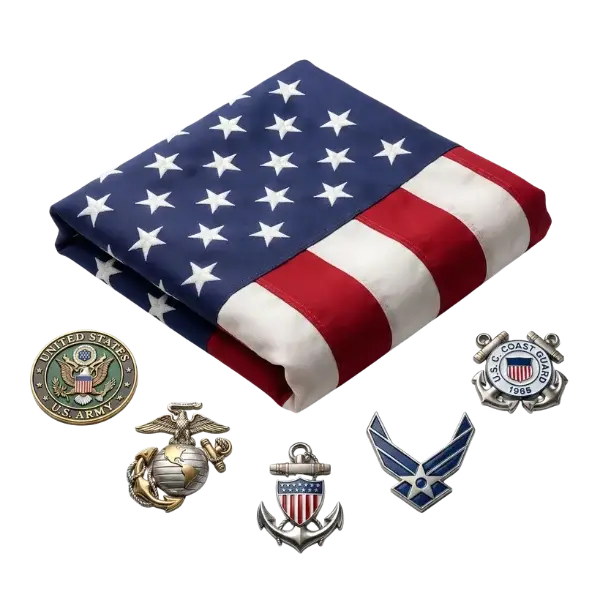 Home A neatly folded American flag is surrounded by five military emblems, representing the U.S. Army, Marine Corps, Navy, Air Force, and Coast Guard, against a black background.